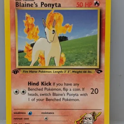 Sale Photo Thumbnail #433: 1st Edition Blaine's Ponyta Pokémon trading card from the Gym Heroes expansion set, printed in 2000.