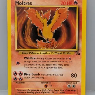 Sale Photo Thumbnail #418: Vintage 1999 Pokémon Fossil set Moltres trading card, number 27/62, illustrated by Mitsuhiro Arita.