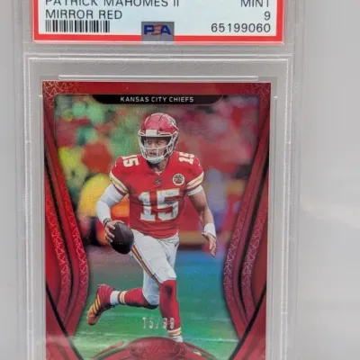 Sale Photo Thumbnail #95: PSA 9 Mint graded 2020 Panini Certified Patrick Mahomes II Mirror Red card (#55), serial numbered 75/99.