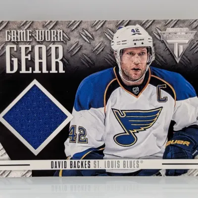 Sale Photo Thumbnail #384: 2012-13 Panini Titanium Game-Worn Gear David Backes St. Louis Blues hockey card featuring a blue jersey swatch.