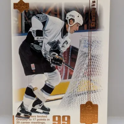 Sale Photo Thumbnail #720: 1990s Upper Deck Wayne Gretzky trading card featuring Gretzky in his Los Angeles Kings uniform with gold foil accents.