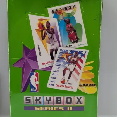 Sale Photo Thumbnail #51: Sealed factory box of 1991-92 SkyBox Series II NBA basketball trading cards, featuring Michael Jordan and Charles Barkley on the cover graphics.