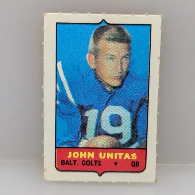 Sale Photo Thumbnail #197: Vintage 1969 Topps Johnny Unitas football stamp featuring the Baltimore Colts quarterback.