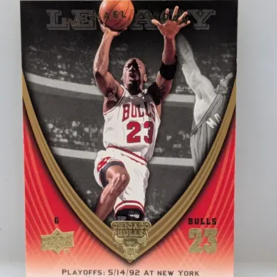 Sale Photo Thumbnail #800: Michael Jordan Upper Deck Legacy trading card, featuring a shot from the 5/14/92 Bulls vs. Knicks playoff game.