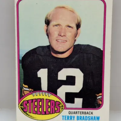 Sale Photo Thumbnail #527: 1975 Topps Terry Bradshaw Pittsburgh Steelers trading card #300, showing light corner wear and decent centering.