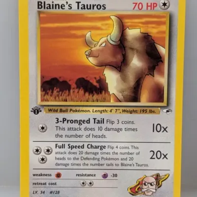 Sale Photo Thumbnail #506: 1st Edition Blaine's Tauros Pokémon trading card from the Gym Heroes set, numbered 64/132, released in 2000.