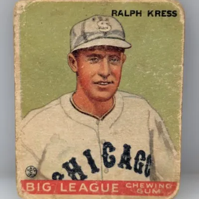 Sale Photo Thumbnail #393: Vintage 1933 Goudey Big League Chewing Gum baseball card featuring Ralph Kress of the Chicago White Sox, showing edge wear and surface aging.