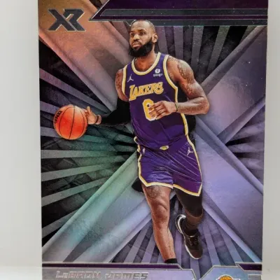 Sale Photo Thumbnail #724: Panini XR LeBron James Los Angeles Lakers basketball trading card featuring a holographic refractor finish.