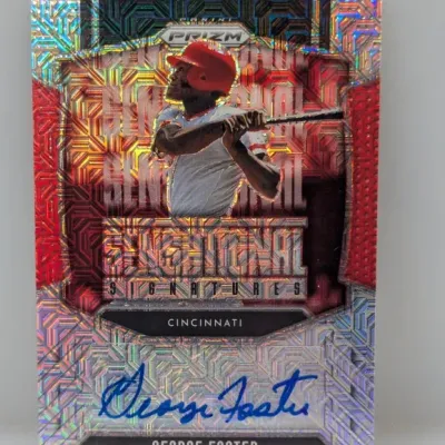 Sale Photo Thumbnail #221: Panini Prizm Sensational Signatures George Foster autographed baseball trading card, featuring a holographic Prizm refractor design.