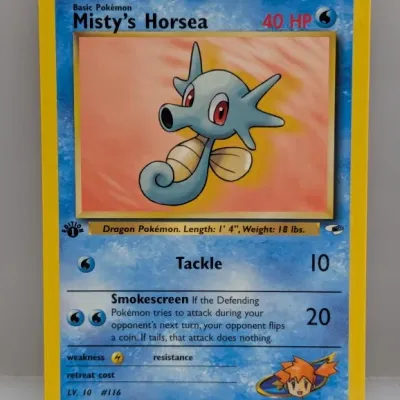 Sale Photo Thumbnail #663: 1st Edition Misty's Horsea Pokémon trading card (#86/132) from the Gym Heroes set, published by Wizards of the Coast in 2000.