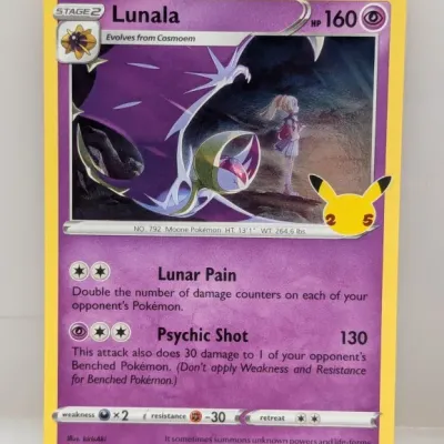 Sale Photo Thumbnail #755: Pokémon Lunala holographic trading card from the 25th Anniversary Celebrations set, 015/025, released in 2021.