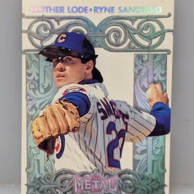 Sale Photo Thumbnail #332: 1996 Metal Universe Mother Lode Ryne Sandberg insert trading card #8, featuring the Chicago Cubs second baseman in good condition.