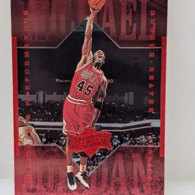 Sale Photo Thumbnail #913: 1995 Upper Deck Collector's Choice Michael Jordan "Buzzer Beater" trading card, featuring Jordan in his number 45 jersey.