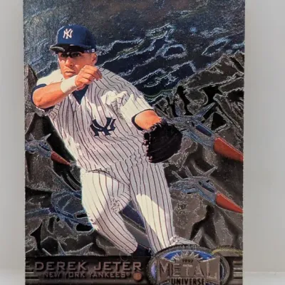 Sale Photo Thumbnail #204: 1997 Metal Universe Derek Jeter #95 trading card featuring a metallic foil etched background.