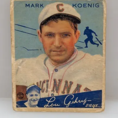 Sale Photo Thumbnail #470: 1934 Goudey Mark Koenig baseball card (#28) featuring the Cincinnati Reds player, showing edge and corner wear.