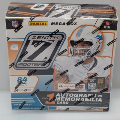 Sale Photo Thumbnail #675: Sealed Panini Zenith Football Mega Box featuring Tua Tagovailoa on the cover, containing 84 total trading cards.