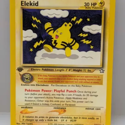 Sale Photo Thumbnail #687: 1st Edition Elekid 22/111 rare card from the Pokémon Neo Genesis set, published by Wizards of the Coast in 2000.