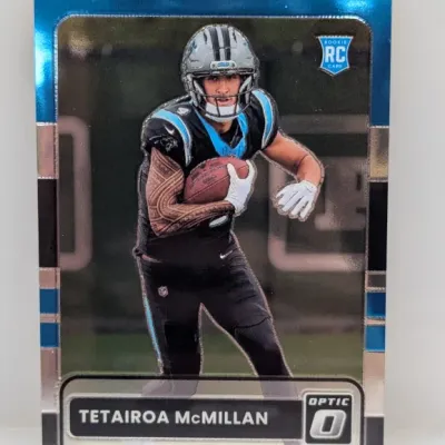 Sale Photo Thumbnail #167: Panini Donruss Optic Tetairoa McMillan rookie trading card in a Carolina Panthers uniform.