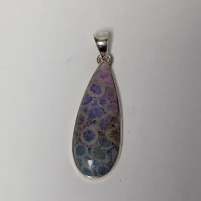 Sale Photo Thumbnail #981: Teardrop-shaped fossilized coral pendant bezel-set in sterling silver, featuring purple, blue, and gray patterns.