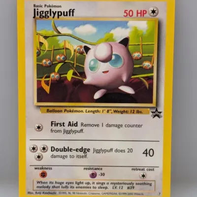 Sale Photo Thumbnail #858: Vintage Pokémon Jigglypuff promo trading card #7, illustrated by Keiji Kinebuchi, copyright 1999-2000 Wizards of the Coast.