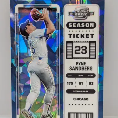 Sale Photo Thumbnail #284: 2023 Panini Contenders Optic Ryne Sandberg Season Ticket blue cracked ice parallel trading card.