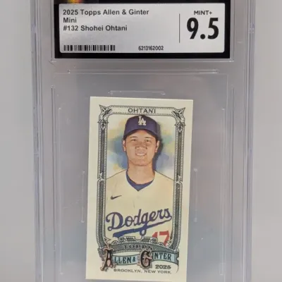 Sale Photo Thumbnail #175: CGC-graded Mint+ 9.5 copy of a 2025 Topps Allen & Ginter Mini #132 Shohei Ohtani baseball card in a protective slab.