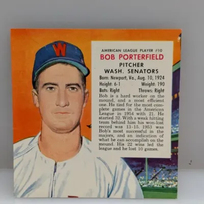 Sale Photo Thumbnail #563: 1955 Topps Bob Porterfield baseball card (#10) featuring the Washington Senators pitcher with printed biographical details.