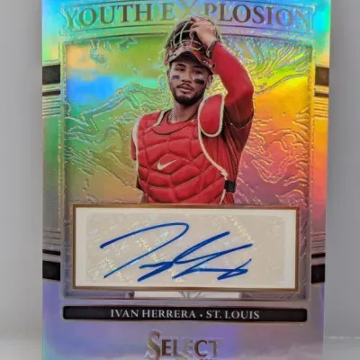 Sale Photo Thumbnail #504: 2022 Panini Select Youth Explosion Ivan Herrera autographed holographic trading card, St. Louis Cardinals.