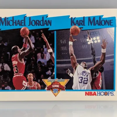Sale Photo Thumbnail #818: 1991 NBA Hoops Michael Jordan and Karl Malone Scoring League Leaders basketball trading card #308.
