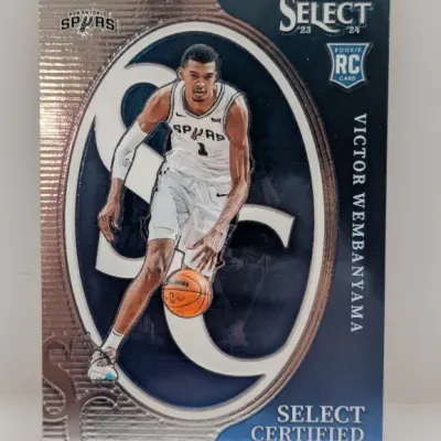Sale Photo Thumbnail #224: 2023-24 Panini Select Certified Victor Wembanyama rookie basketball trading card in excellent condition.