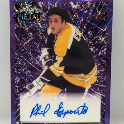 Sale Photo Thumbnail #299: Leaf Metal Phil Esposito autographed hockey trading card featuring a purple crystal refractor background design.