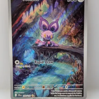 Sale Photo Thumbnail #697: Pokémon TCG Noibat illustration rare card (#169/159) from the Crown Zenith expansion set, featuring full-art holofoil artwork by sowsow.