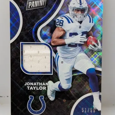Sale Photo Thumbnail #444: Panini Jonathan Taylor Indianapolis Colts relic trading card, numbered 51/99, featuring a embedded mesh jersey swatch.