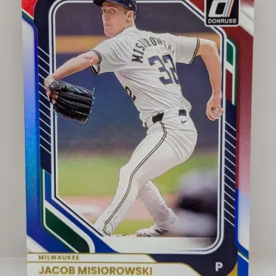 Sale Photo Thumbnail #110: Donruss baseball trading card featuring Jacob Misiorowski of the Milwaukee organization in mid-pitch delivery.