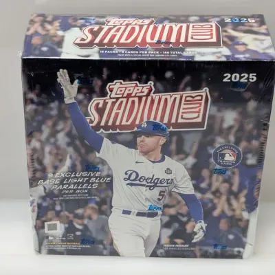 Sale Photo Thumbnail #685: Sealed 2025 Topps Stadium Club baseball cards hobby box featuring Freddie Freeman on the front cover.