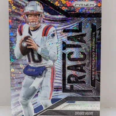Sale Photo Thumbnail #899: Panini Prizm 'Fractal' holographic trading card featuring Drake Maye of the New England Patriots, shown in excellent condition.