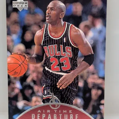 Sale Photo Thumbnail #845: Upper Deck Michael Jordan 'Air Time Departure Runway 1' basketball trading card featuring Jordan in his black pinstripe Chicago Bulls jersey.