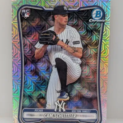 Sale Photo Thumbnail #45: Bowman Chrome Cam Schlittler New York Yankees rookie baseball card featuring a mojo refractor parallel finish.