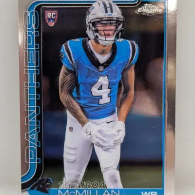 Sale Photo Thumbnail #151: Topps Chrome Tetairoa McMillan rookie trading card featuring the wide receiver in a Carolina Panthers uniform.