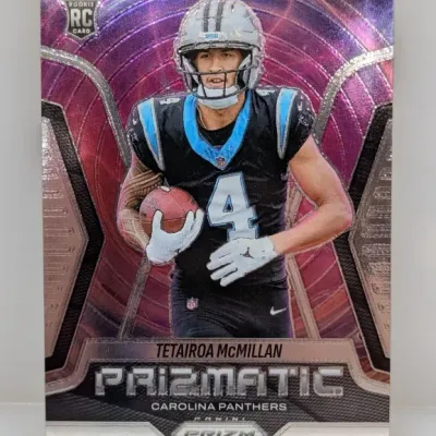 Sale Photo Thumbnail #119: Panini Prizm Prizmatic Tetairoa McMillan rookie trading card featuring a purple wave refractor design.