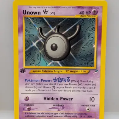Sale Photo Thumbnail #646: First Edition Unown W holographic Pokémon trading card, Neo Destiny set, circa 2000.