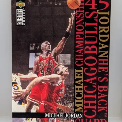 Sale Photo Thumbnail #869: 1995-96 Upper Deck Collector's Choice Michael Jordan "He's Back" #45 basketball trading card in good condition.