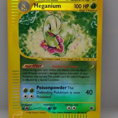 Sale Photo Thumbnail #264: Holographic Meganium Pokémon card #18/165 from the 2002 Expedition Base Set. Features illustration by Hajime Kusajima with e-Reader border detailing.