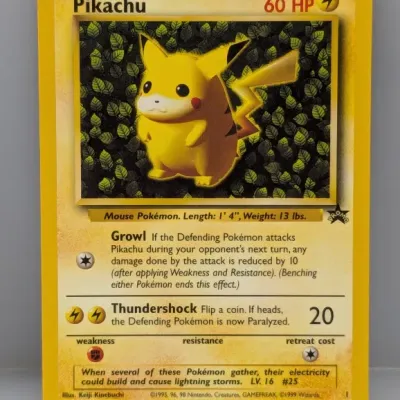 Sale Photo Thumbnail #631: Vintage 1999 Wizards of the Coast Pokémon promo card featuring Pikachu (#1) with Keiji Kinebuchi artwork.