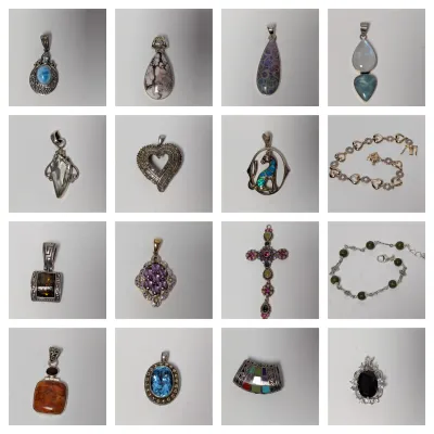 Sale Photo Thumbnail #6: Collection of sterling silver and gemstone jewelry, featuring pendants with blue topaz, amethyst, opals, and larimar, alongside beaded and chain bracelets.