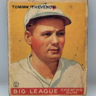 Sale Photo Thumbnail #361: 1933 Goudey Big League Chewing Gum baseball card featuring Tommy Thevenow, showing light edge wear and minor age spots.