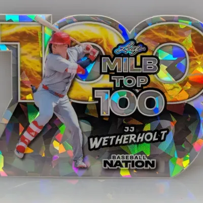 Sale Photo Thumbnail #48: Leaf MiLB Top 100 die-cut baseball trading card featuring JJ Wetherholt with a holographic cracked ice foil finish.