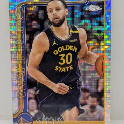 Sale Photo Thumbnail #403: Topps Chrome Stephen Curry Golden State Warriors basketball card featuring a holographic refractor finish.