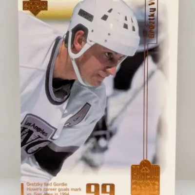 Sale Photo Thumbnail #712: 1990s Upper Deck Wayne Gretzky hockey trading card, featuring his time with the Los Angeles Kings and highlighting his goal-scoring record.