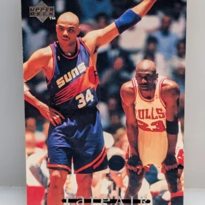 Sale Photo Thumbnail #589: Upper Deck Rare Air basketball trading card featuring Charles Barkley and Michael Jordan, circa 1990s.
